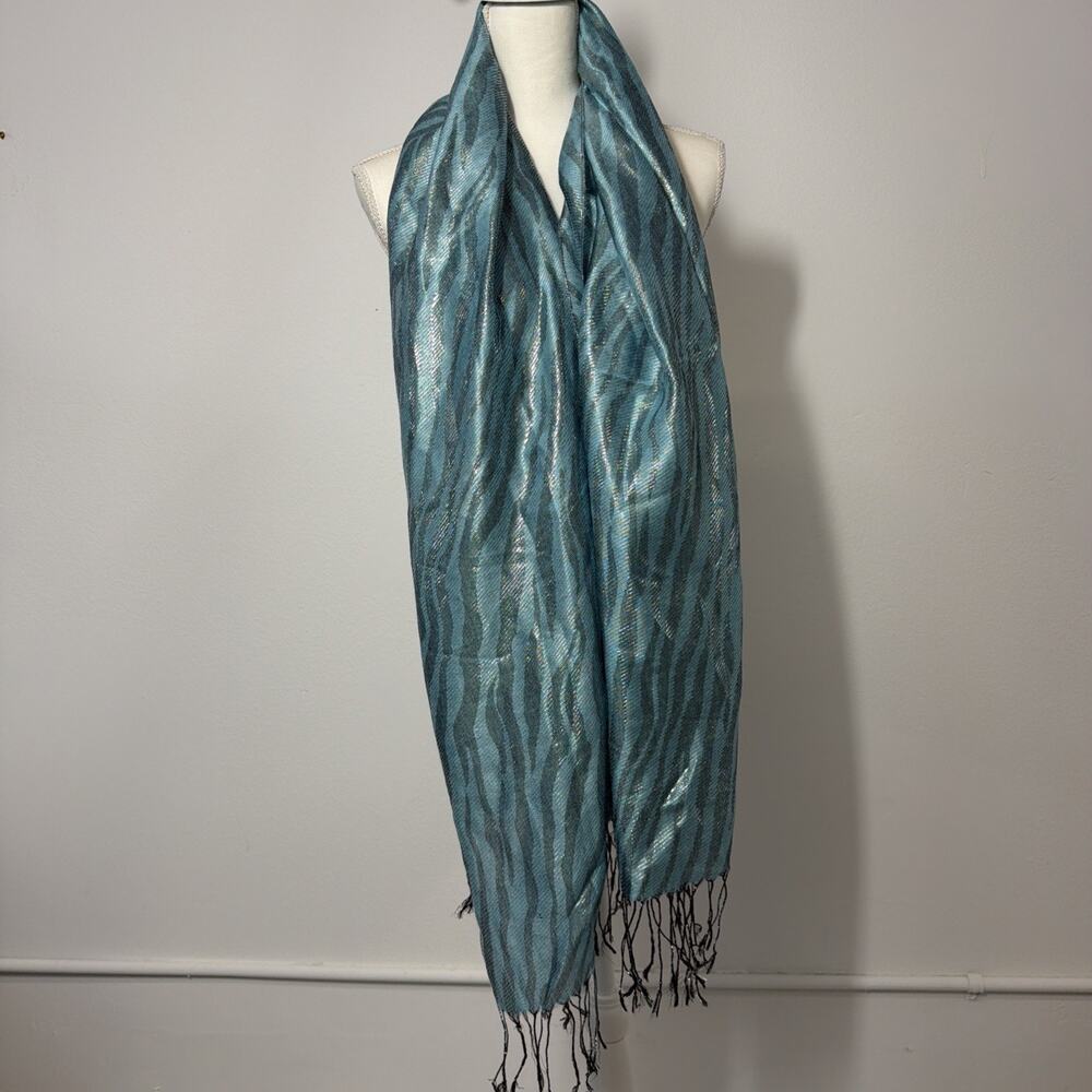 Zebra Print Pashmina Silk Blend Scarf Wrap Teal Silver Metallic Shimmer Fringed